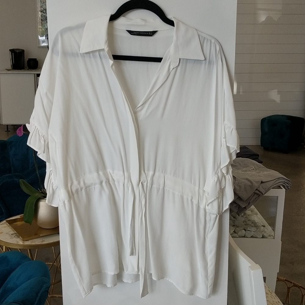 Zara white blouse with cinch waist